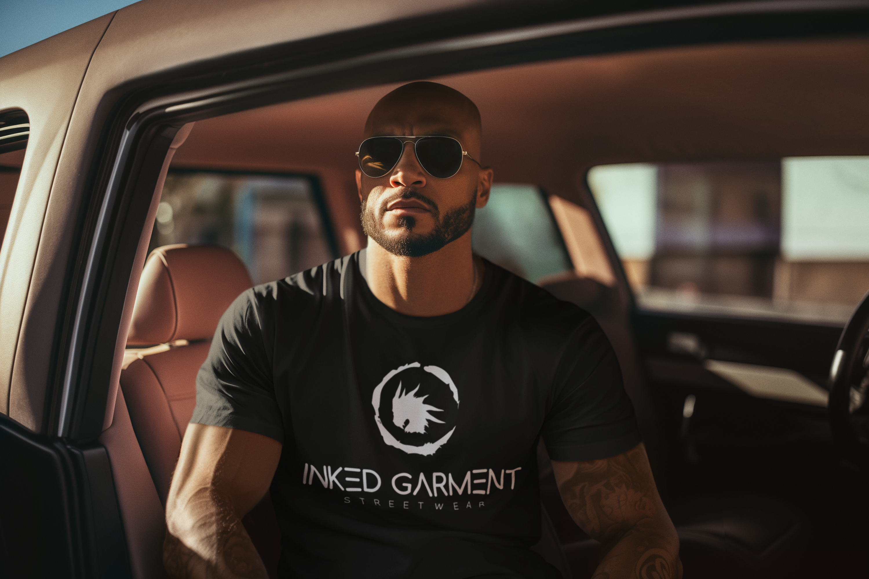 Man in a car wearing Inked Garment Black Everyday Staple T-shirt with Inked Garment Logo on the front