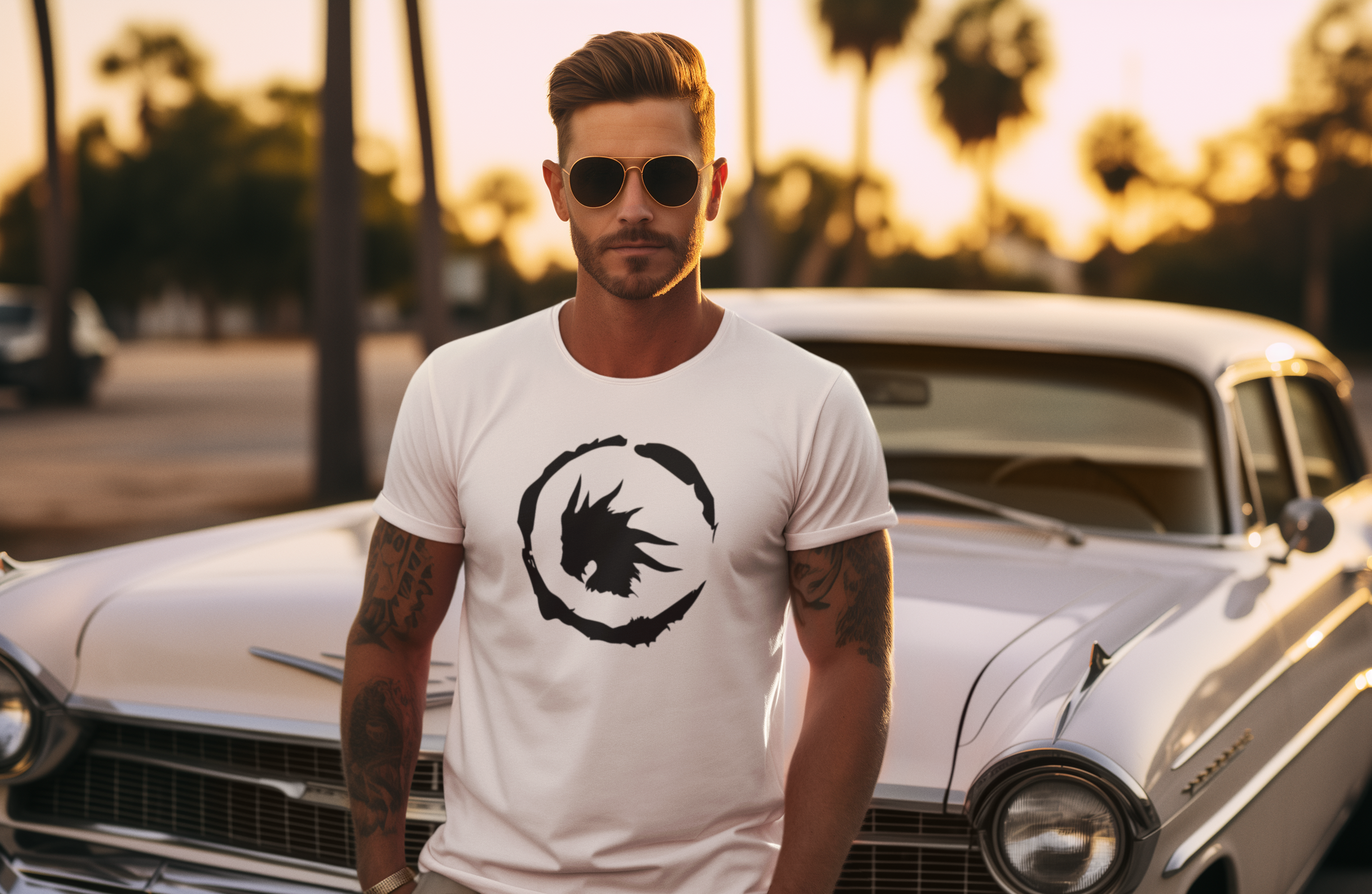 Man in front of a car wearing a white T-shirt with Inked Garment Dragon Logo on the front